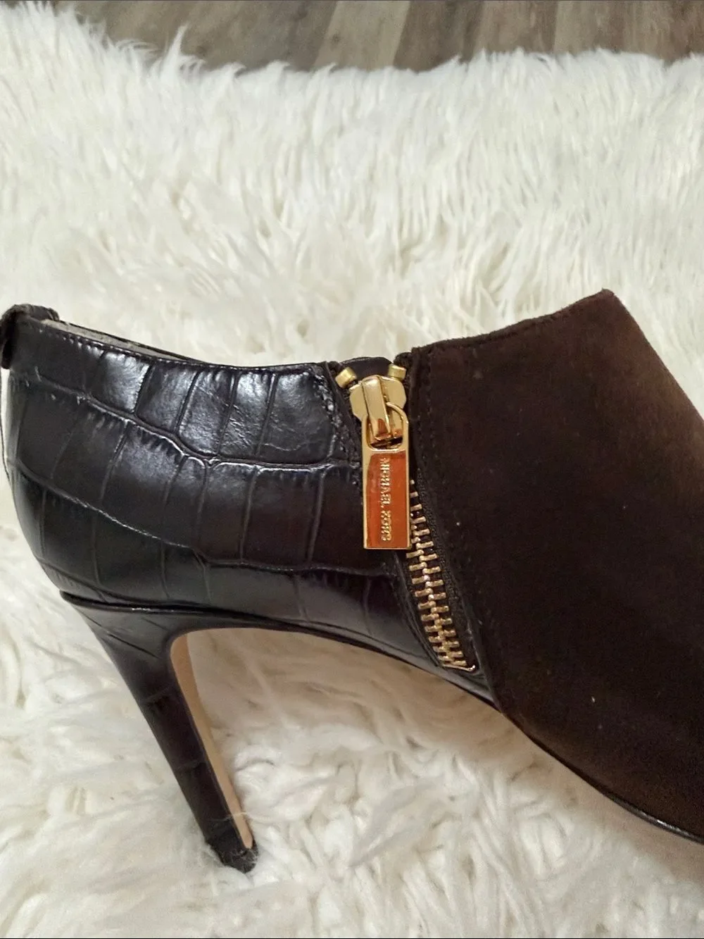 Michael Kors Dark Brown Suede & Croc-Embossed Ankle Booties